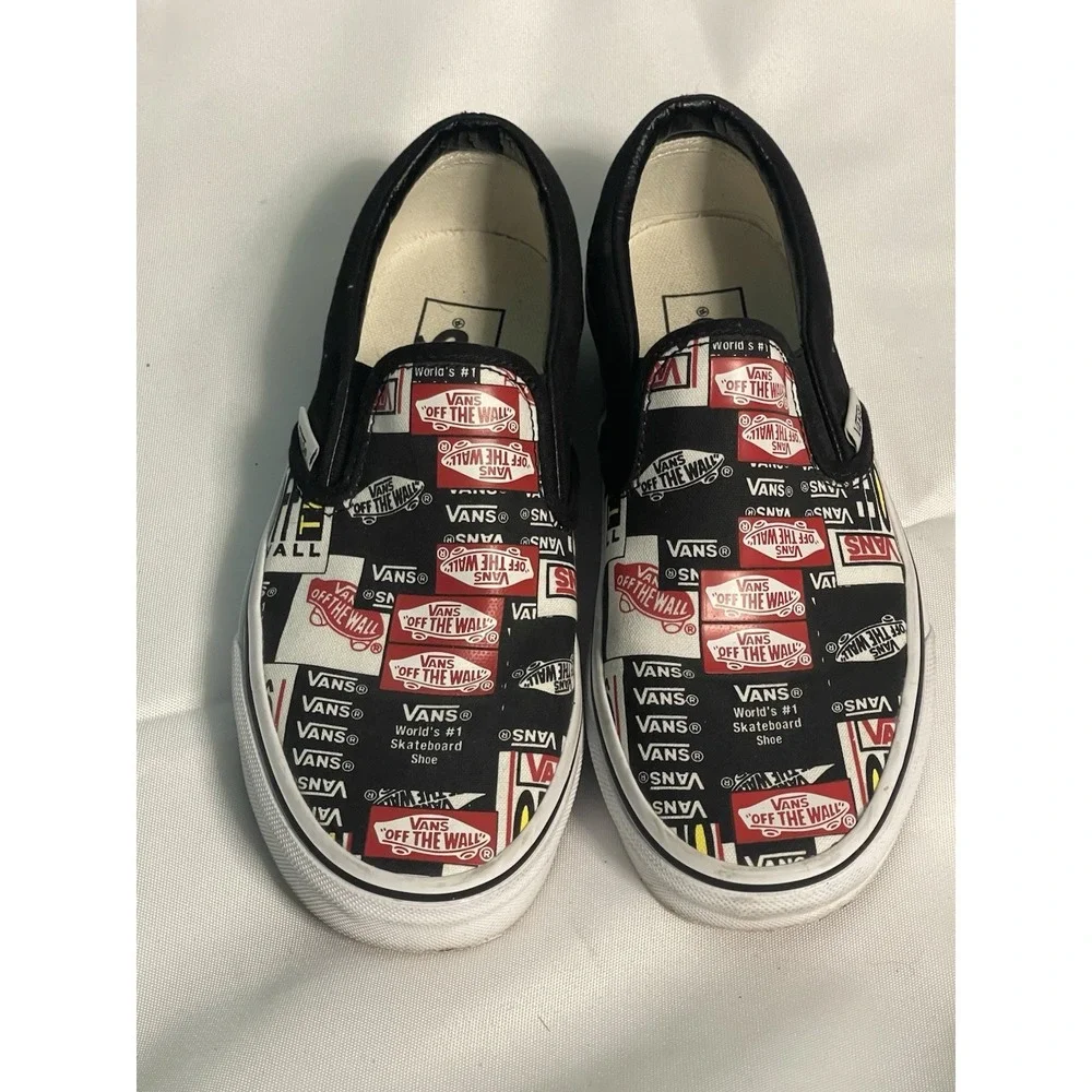 VANS CLASSIC SlipOn Canvas Shoes All Over Logo Print Mens Size 4.5 Womens 6 BinC